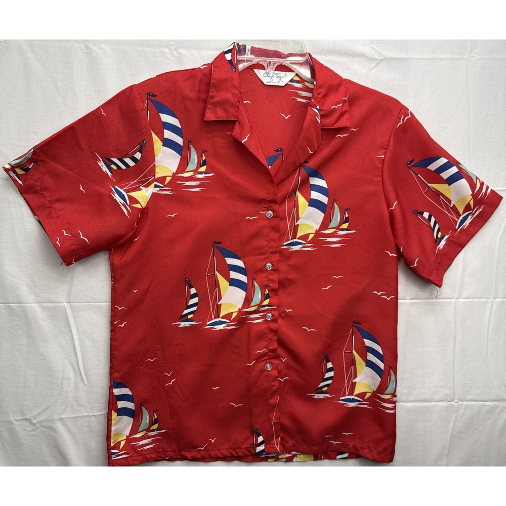 Vtg Cheryl Tiegs Button Up Beach Shirt Red Short Sleeve‎ Boat Print Casual Sz 8